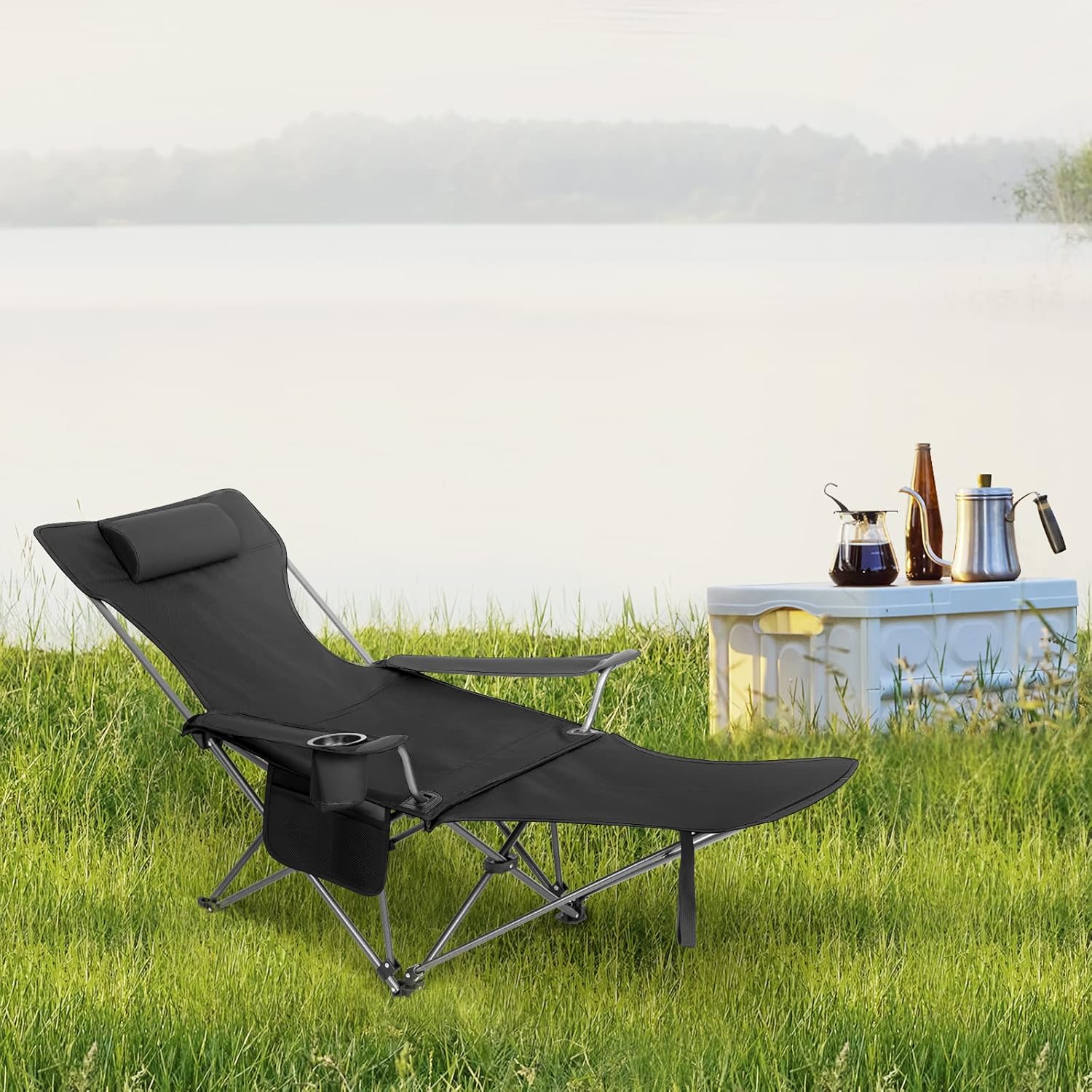 Reclining Camping Chair with Footrest Folding Seat Black