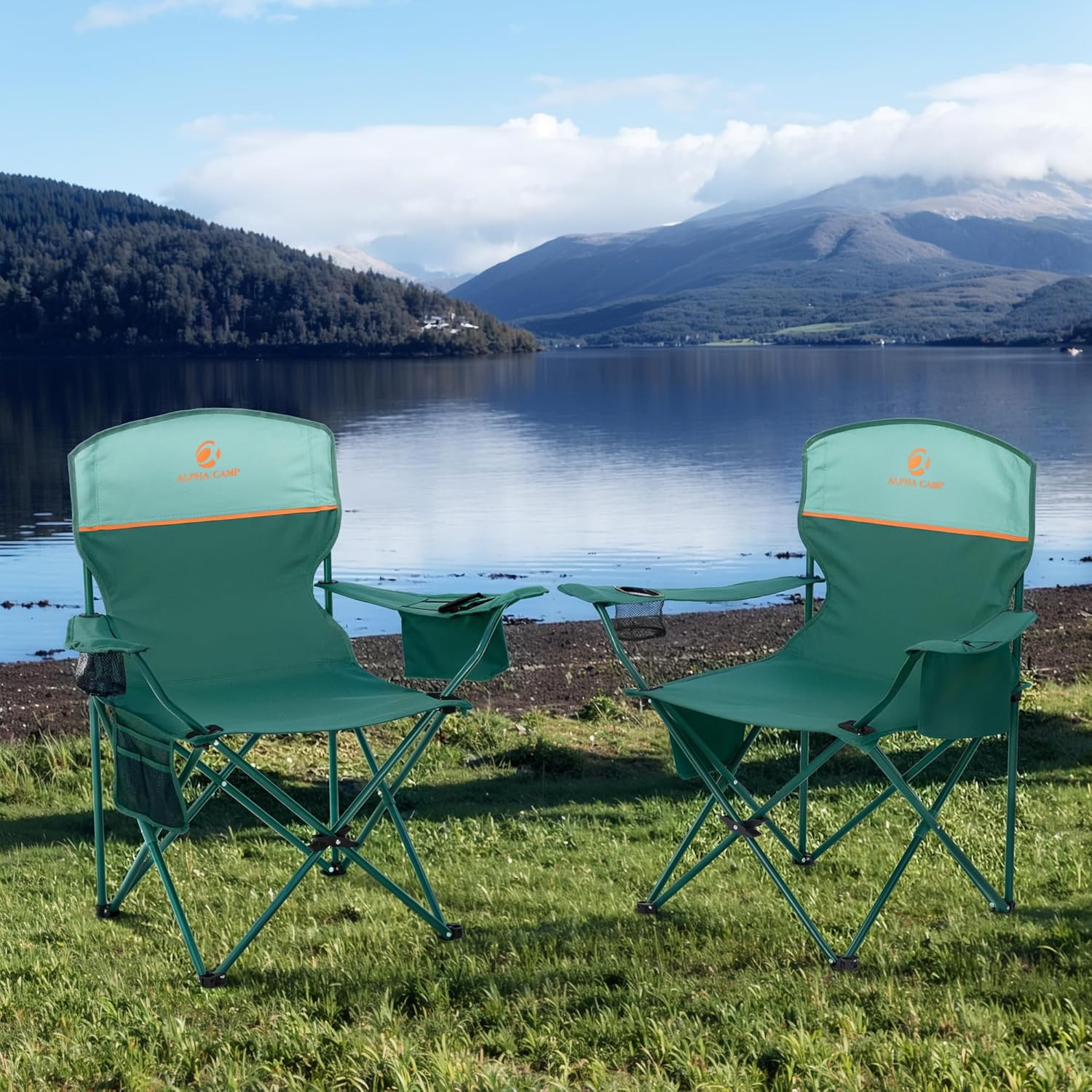 Camping Chairs 2 Pack Cooler Bag Cup Holder Green