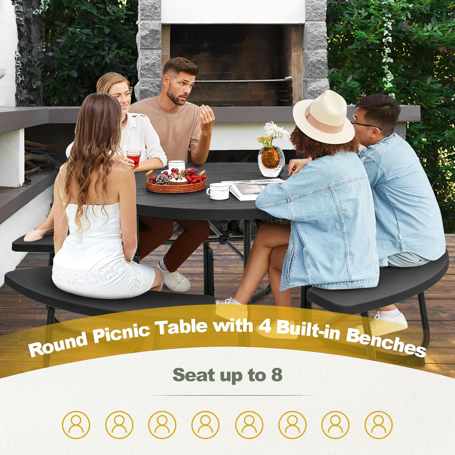 8 Seater Round Picnic Table Bench Set Outdoor Patio w/Parasol Hole Black
