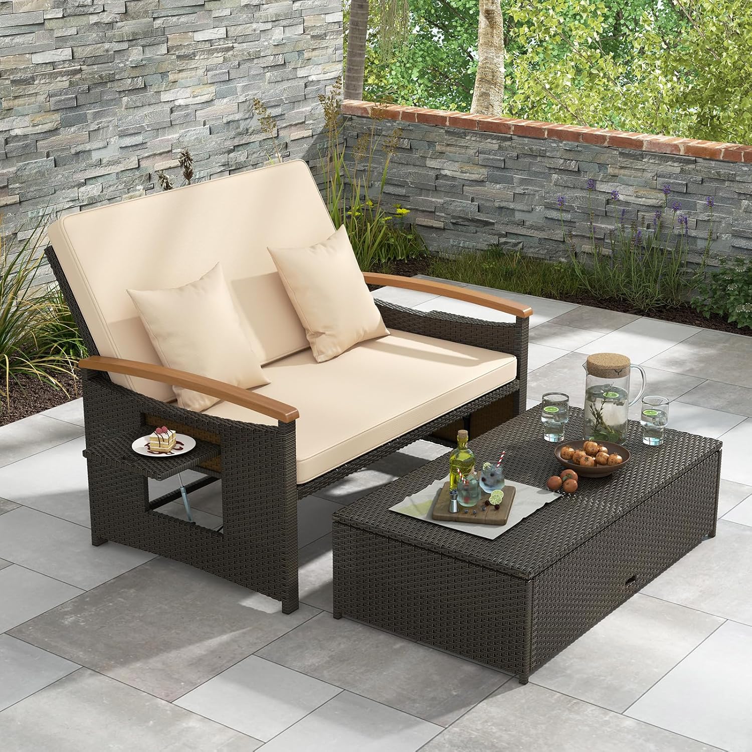 Outdoor Rattan Daybed Sun Lounger Storage Beige