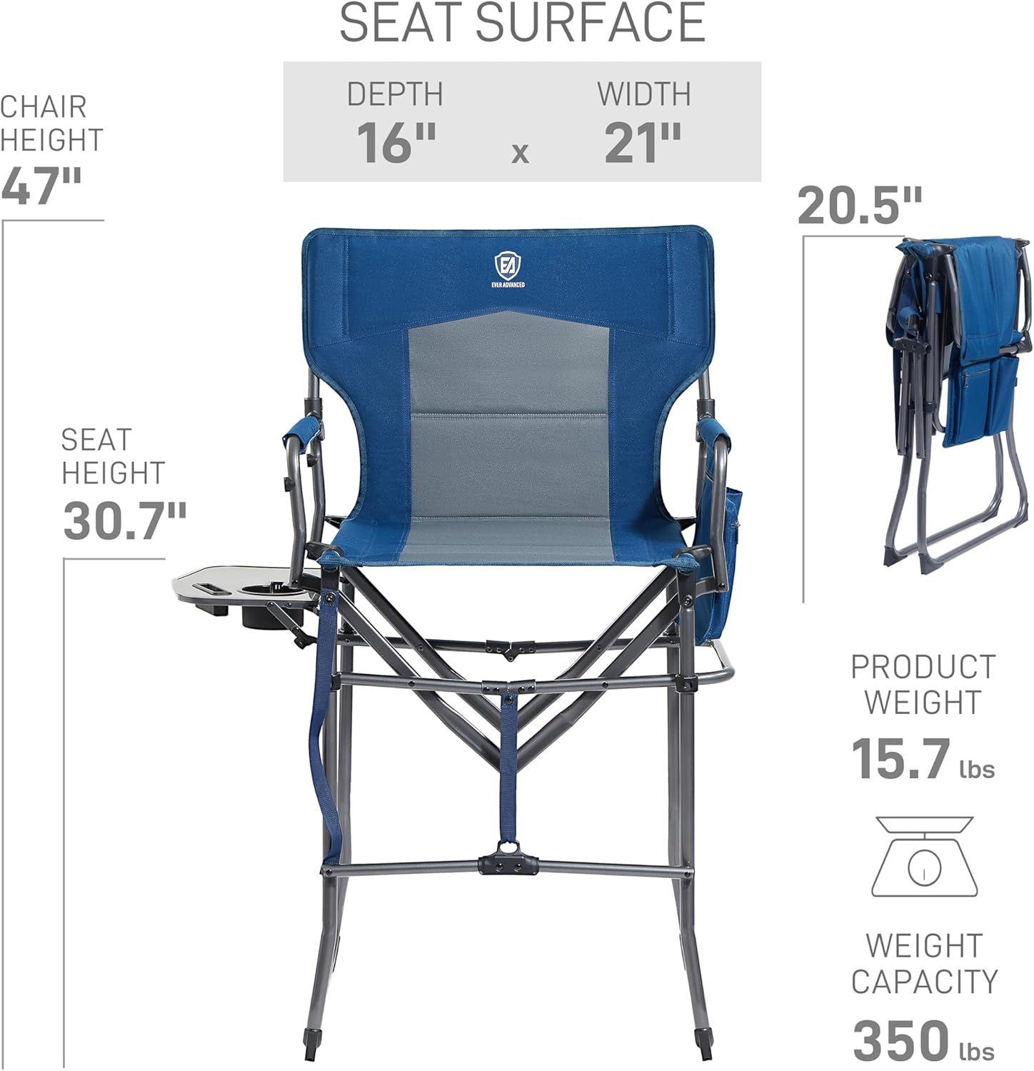 Tall Folding Directors Chair with Side Table Blue