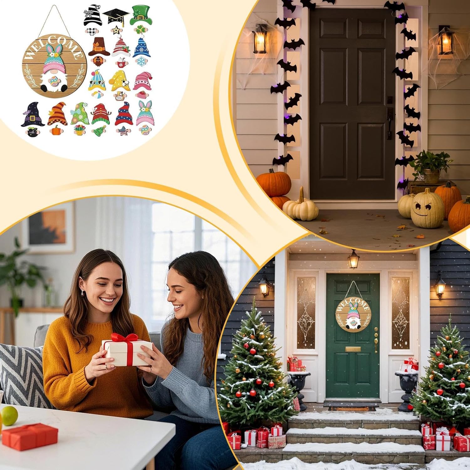 Gnome Welcome Sign 30Pcs Seasonal Wooden Door Decor Magnetic