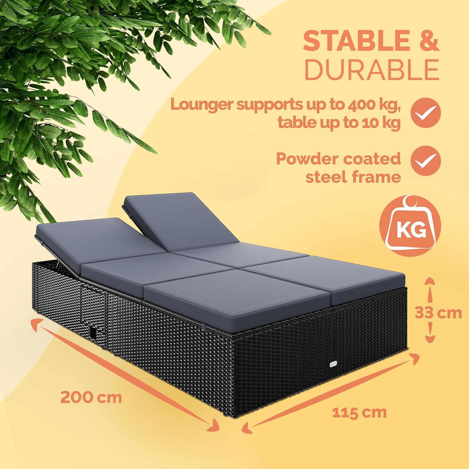 Double Sun Lounger 7 Position Poly Rattan Recliner Black 200x115cm