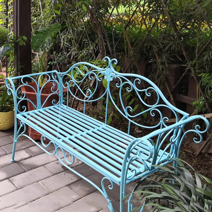 2 Seater Metal Garden Bench Retro Patio Seat Curved Back Light Blue