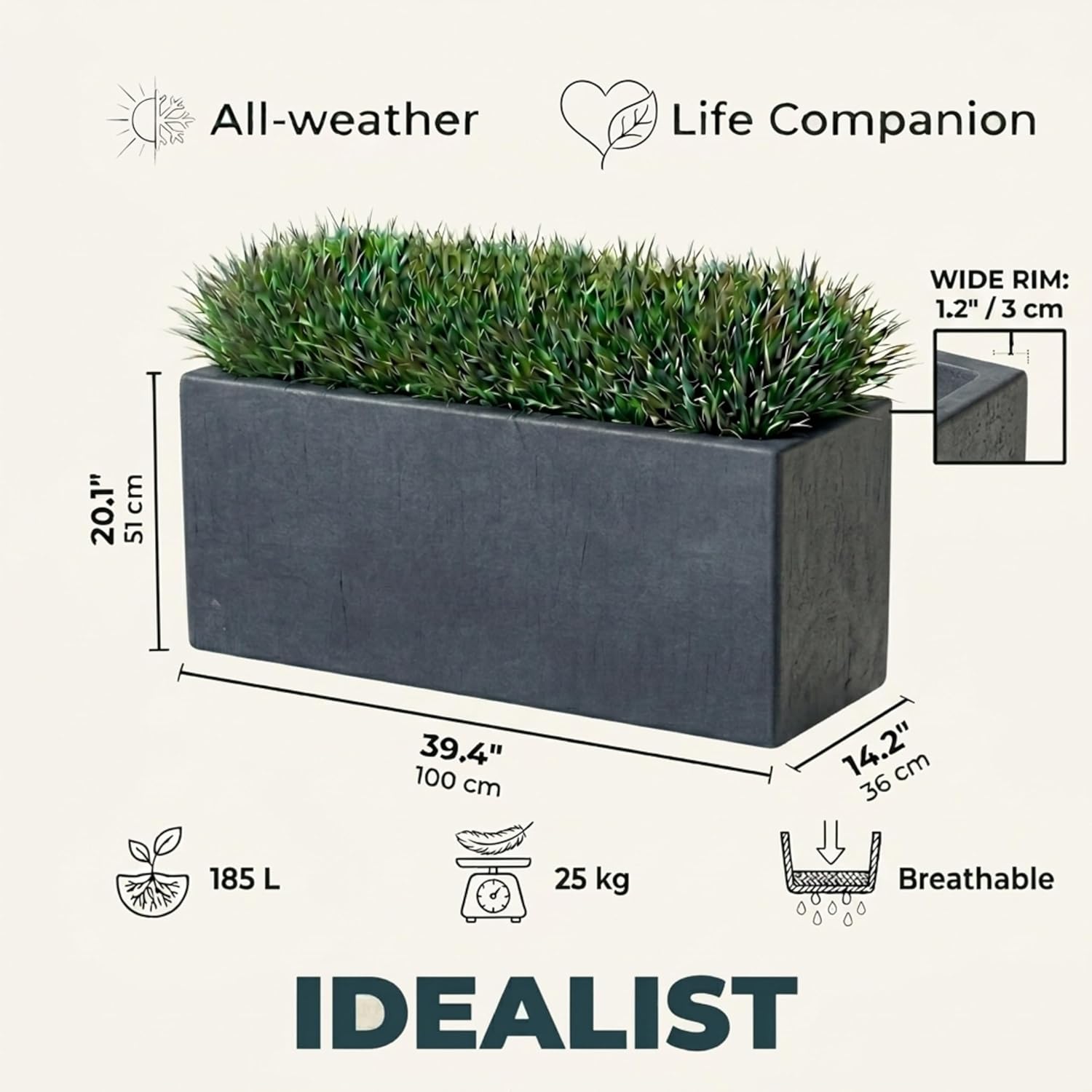 100cm Large Trough Planter Dark Grey Stone Effect Outdoor Pot