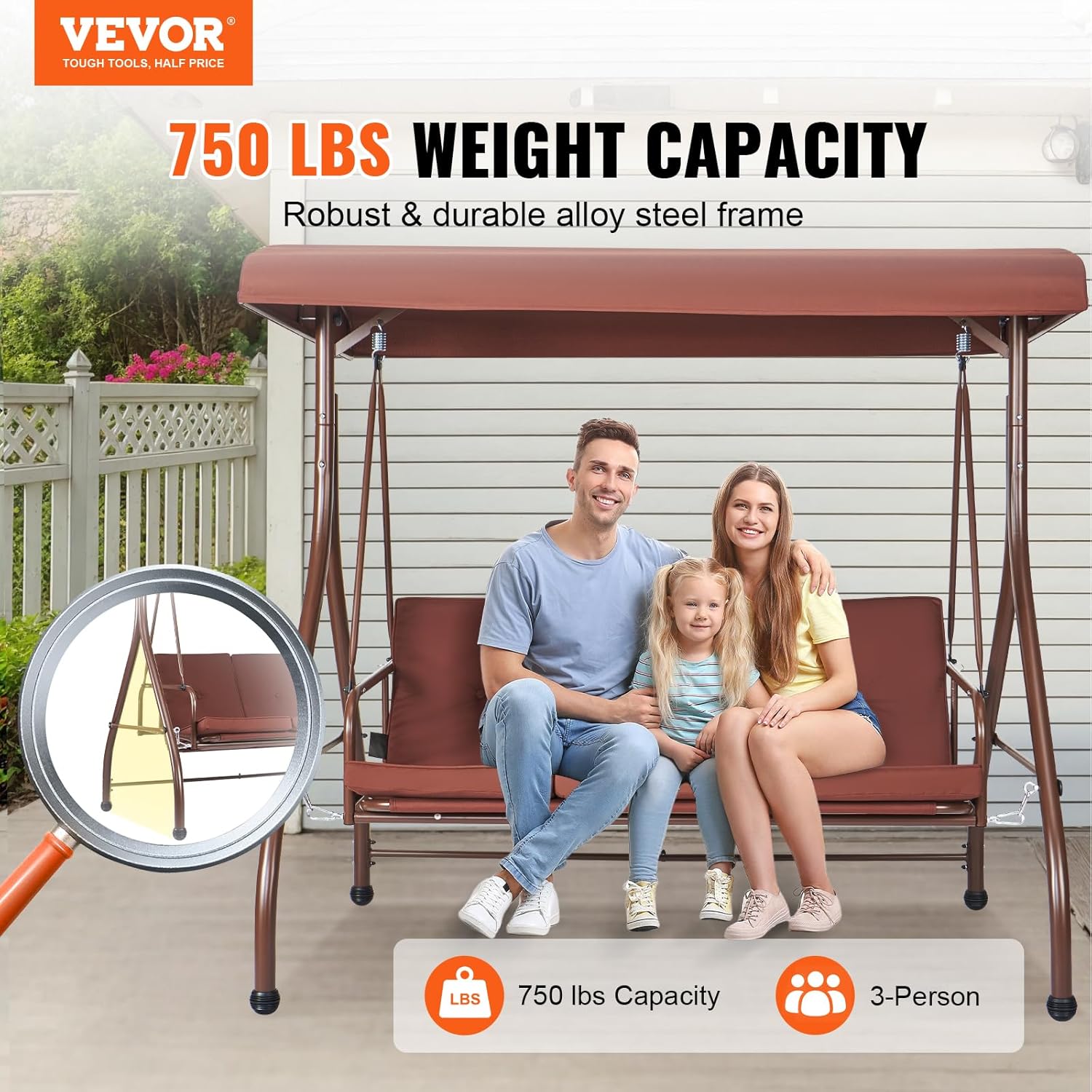 3 Seater Patio Swing Bed Brown Canopy Cushions Steel