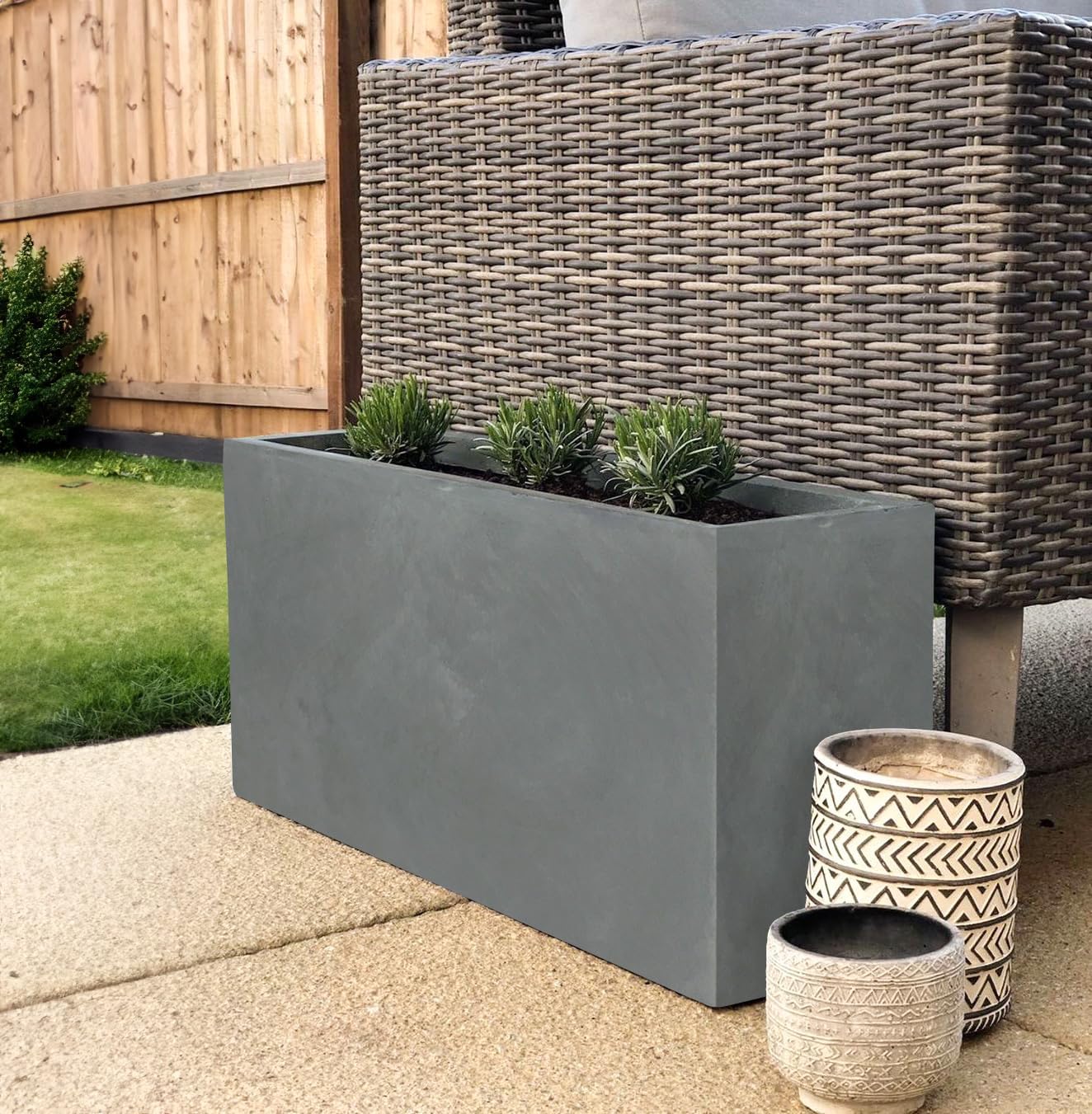65cm Trough Planter Grey Stone Effect Garden Pot Rectangular
