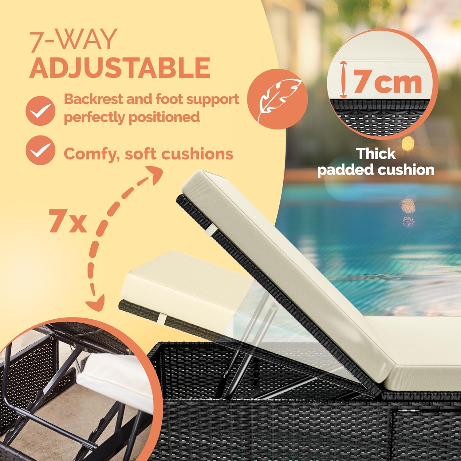 Polyrattan Sun Lounger 7 Way Recliner with Cushion Table