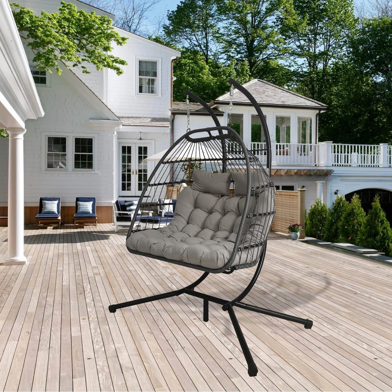 Double Egg Chair Swing Light Grey Rattan Stand Cushions