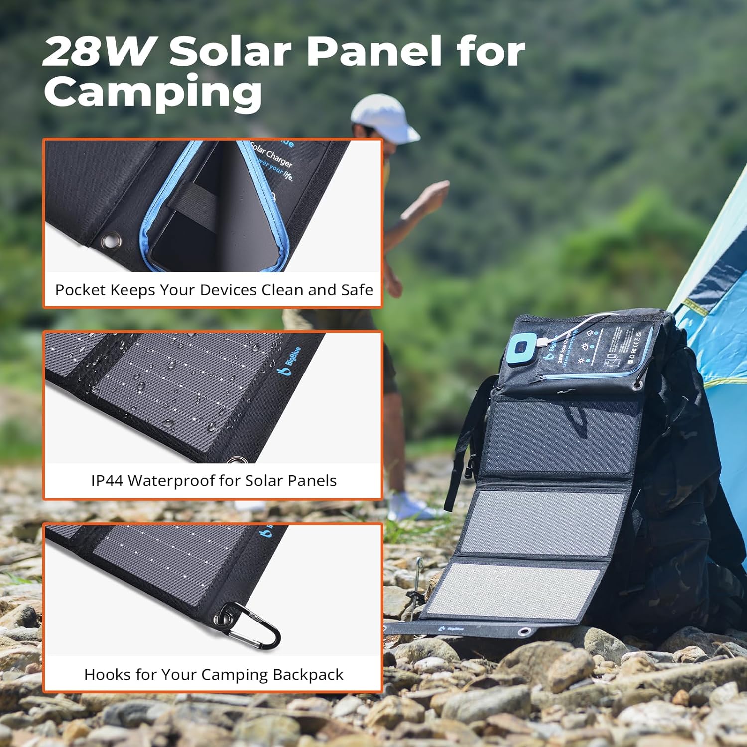 28W Foldable Solar Charger USB C USB A Camping Travel