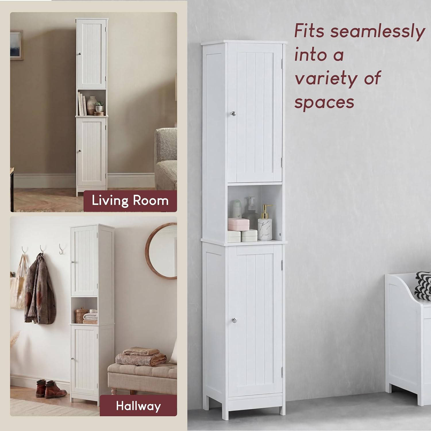 Tall Bathroom Cabinet White 2 Door Shelf Storage Unit