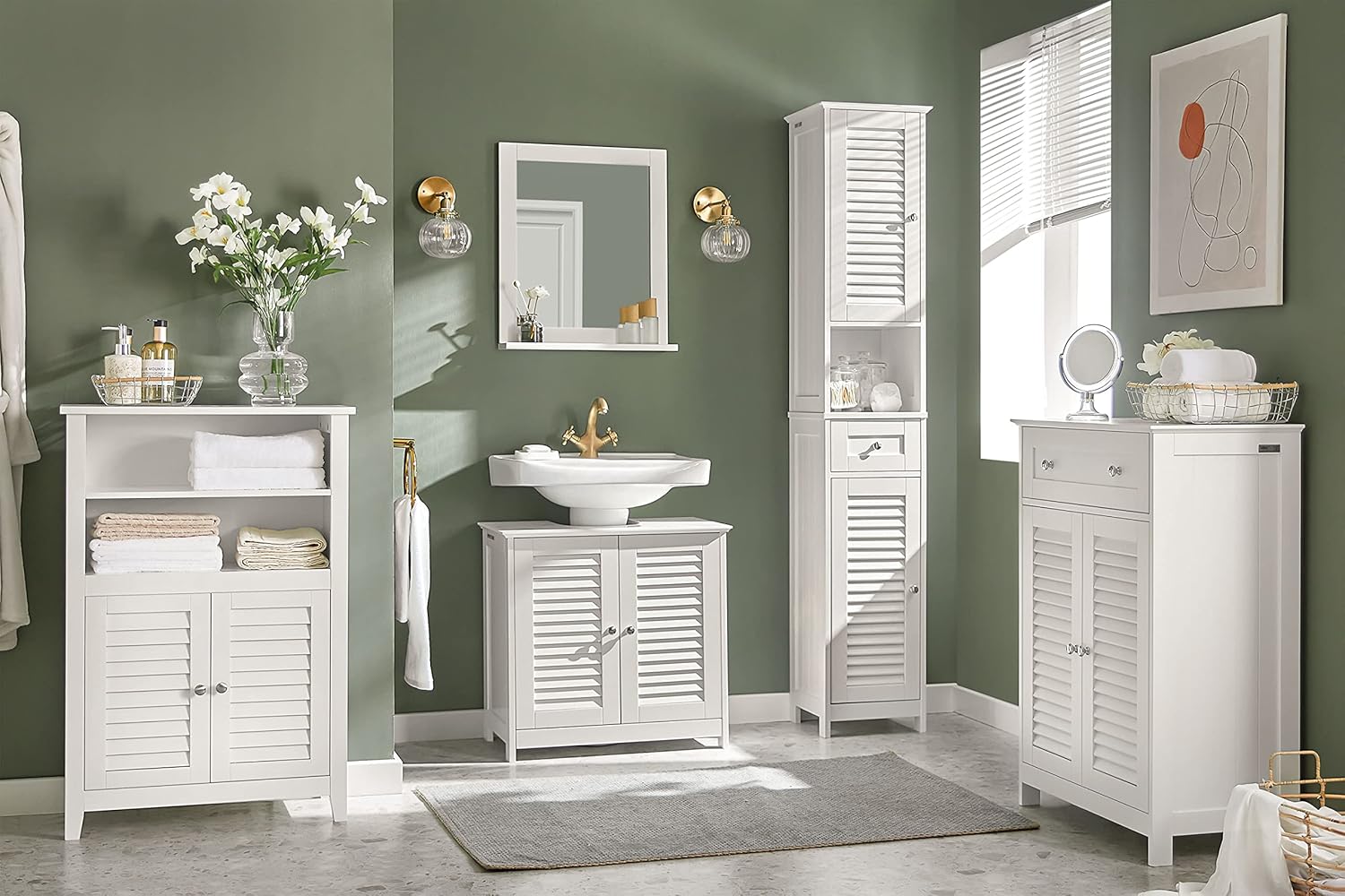 Slim Tall Bathroom Cabinet White Louver Door Storage Cupboard