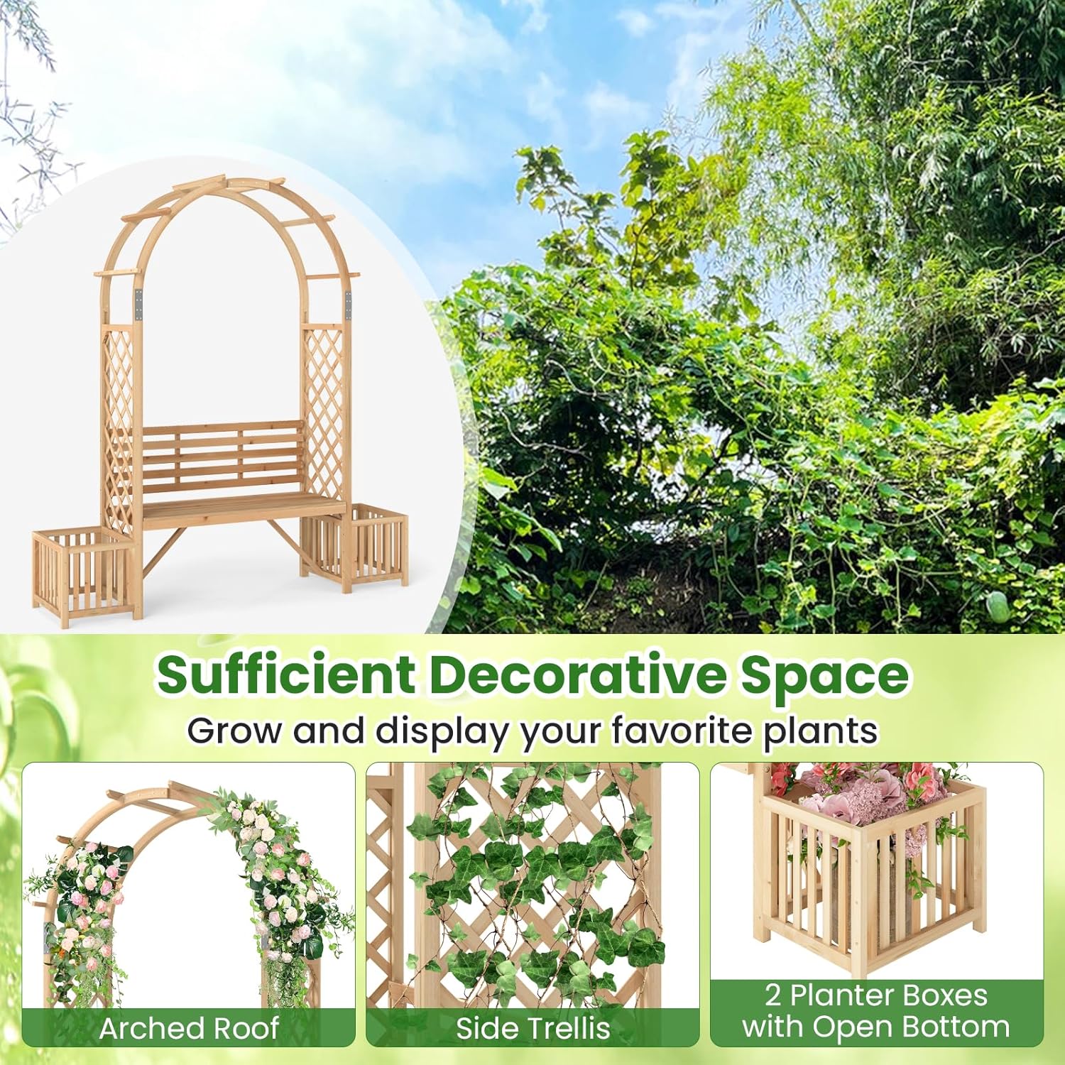 Wooden Garden Arch with Bench & Planters Trellis Pergola Seat