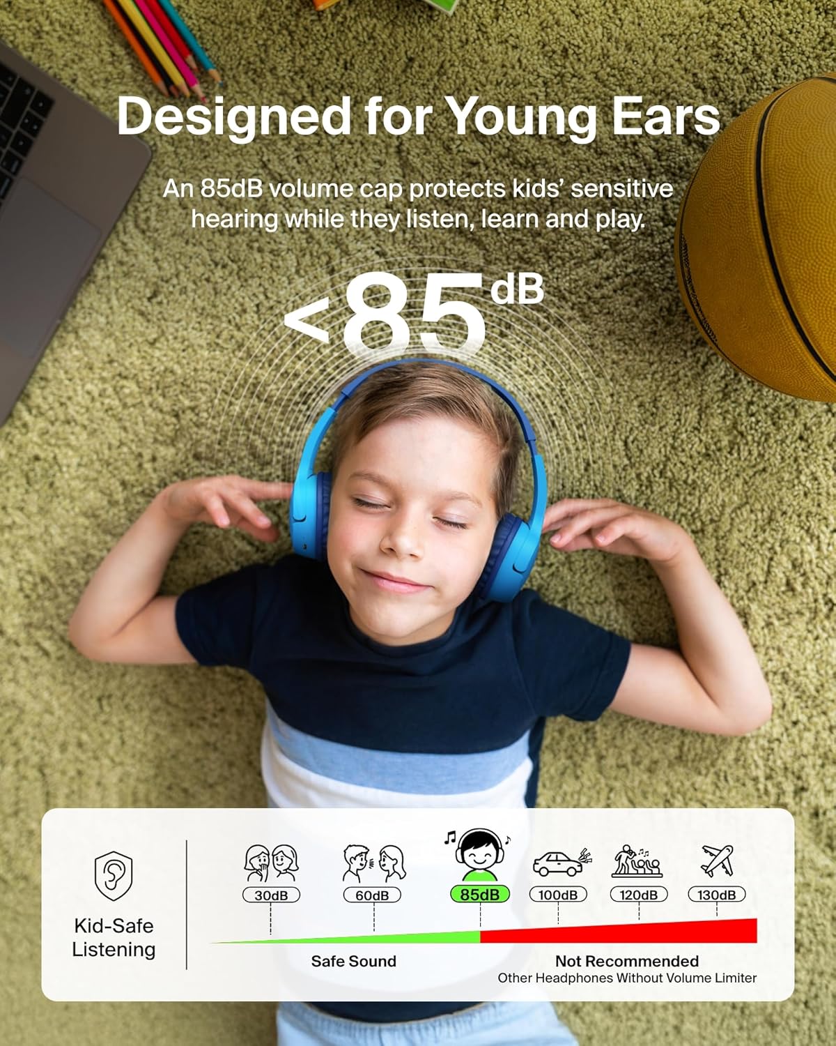 Kids Bluetooth Headphones With Mic Safe Volume 30 Hour Playtime