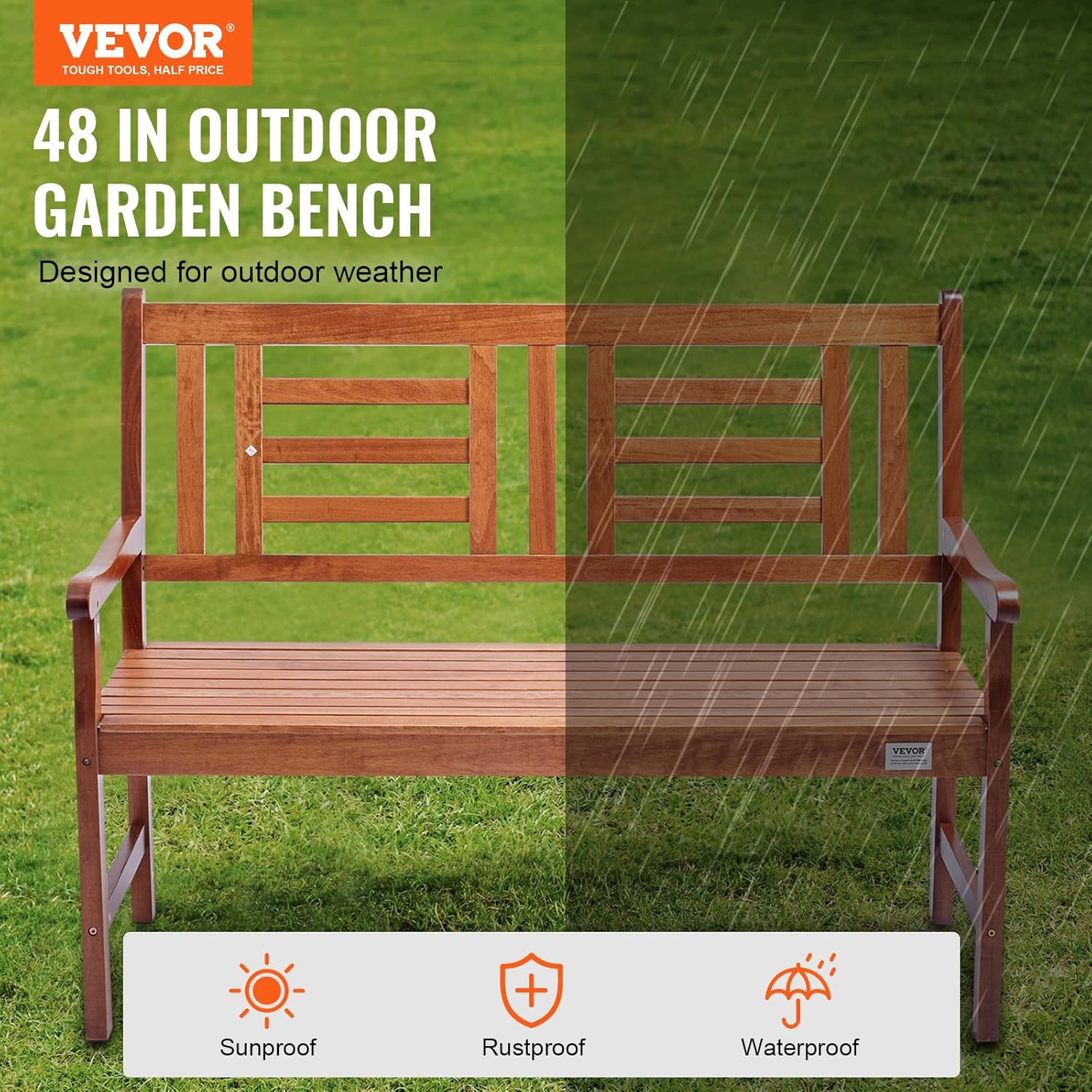 48" Wooden Garden Bench 3 Seater Patio Park Seat w/Armrests