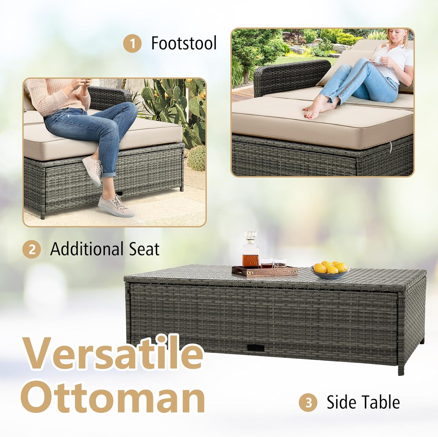 Patio Wicker Daybed Sun Lounger Sofa Storage Ottoman Beige Grey