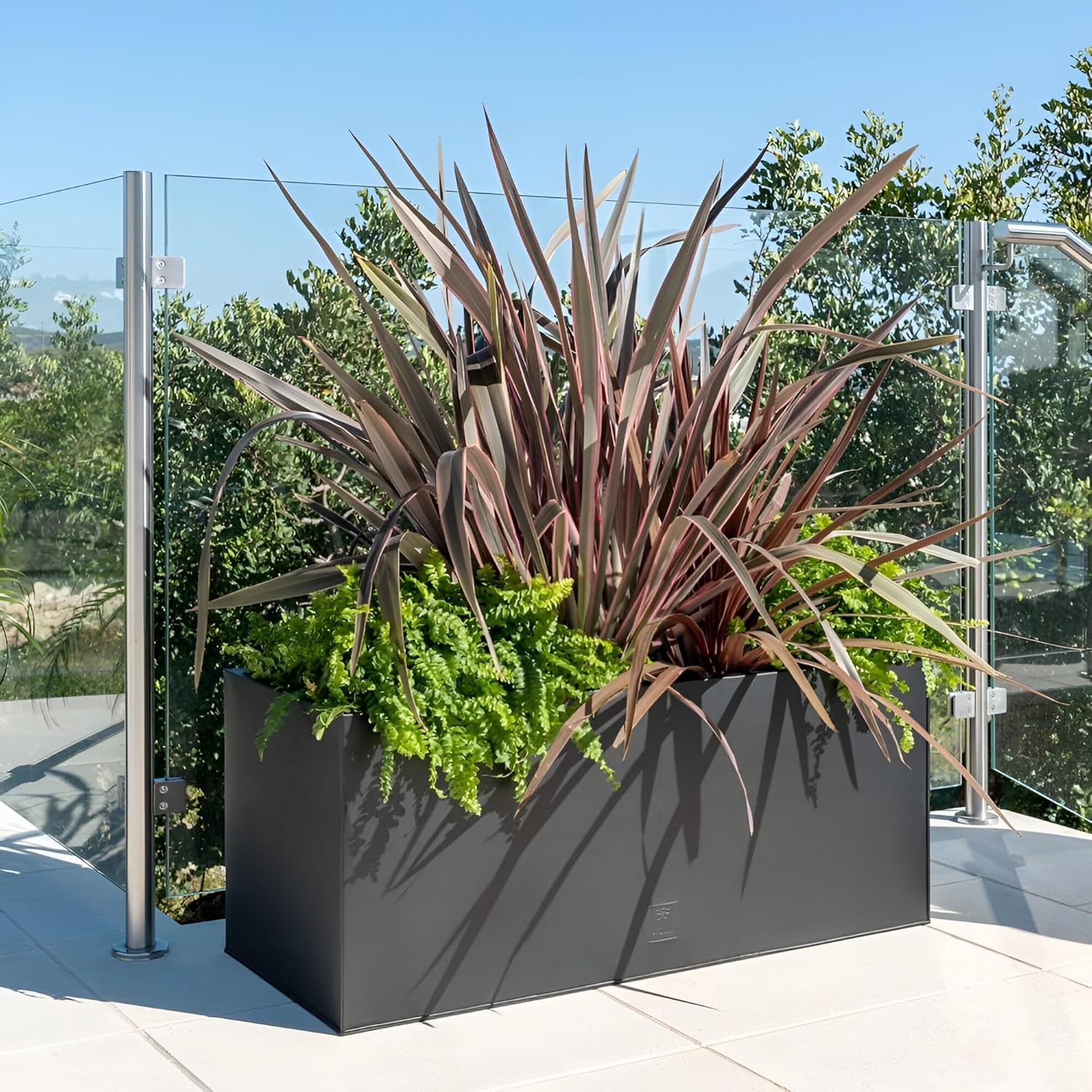 64cm Metal Garden Planter Gunmetal Black Zinc Rectangular Pot