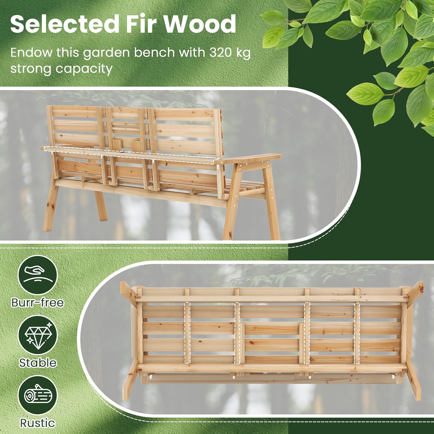 3 Seater Wooden Garden Bench with Foldable Table 160cm