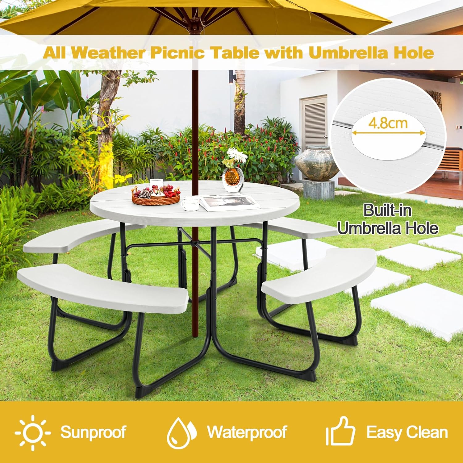 8 Seater Round Picnic Table Bench Set Outdoor Patio w/Parasol Hole