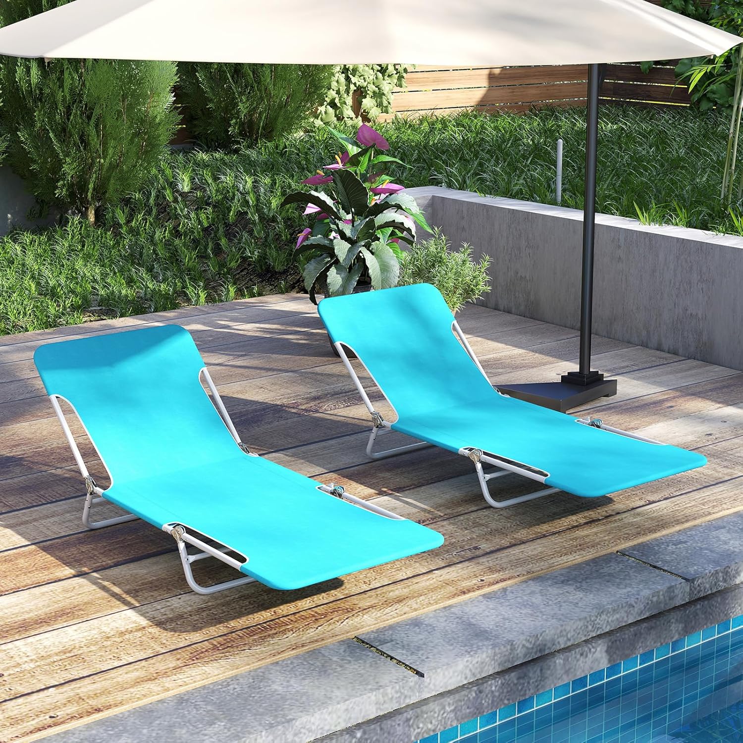 2 Folding Sun Loungers 5 Position Reclining Beach Chairs Blue