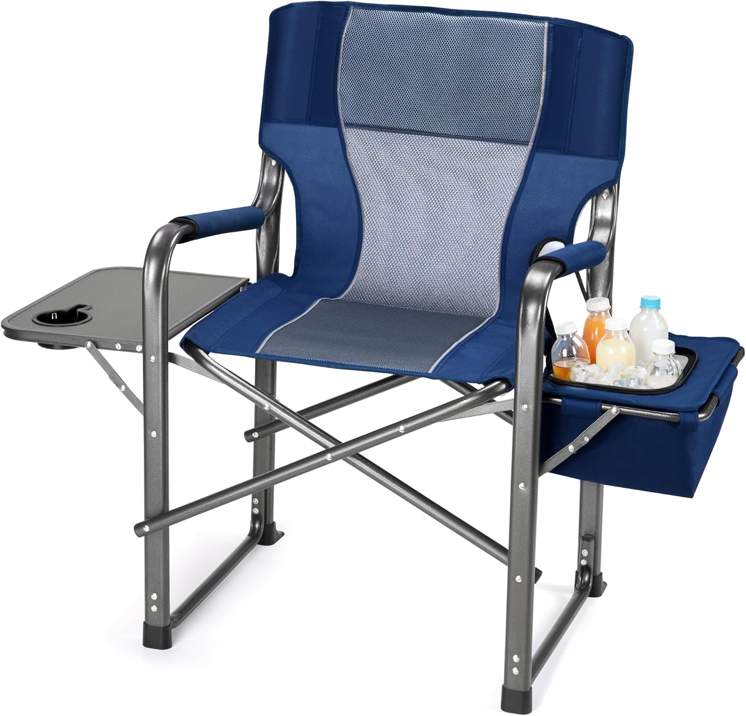 Oversized Folding Camping Chair with Cooler Side Table 400LB Blue