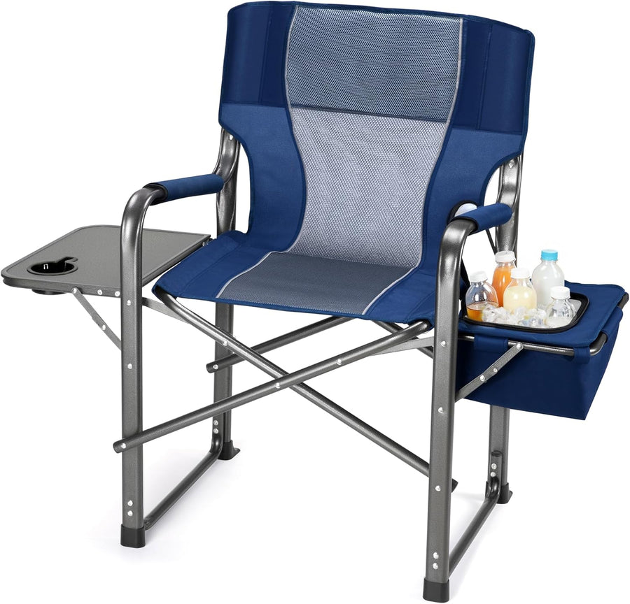 Oversized Folding Camping Chair with Cooler Side Table 400LB Blue