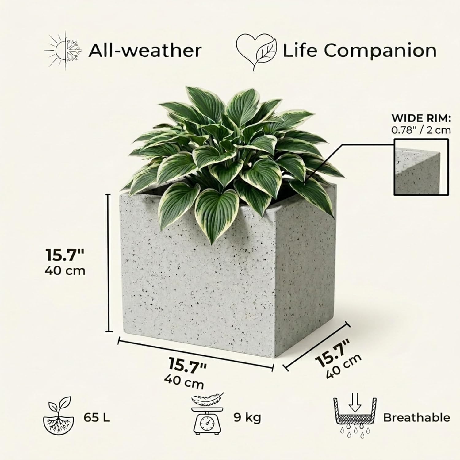 Large Square Garden Planter 40cm Stone Effect Pot Grey Drainage