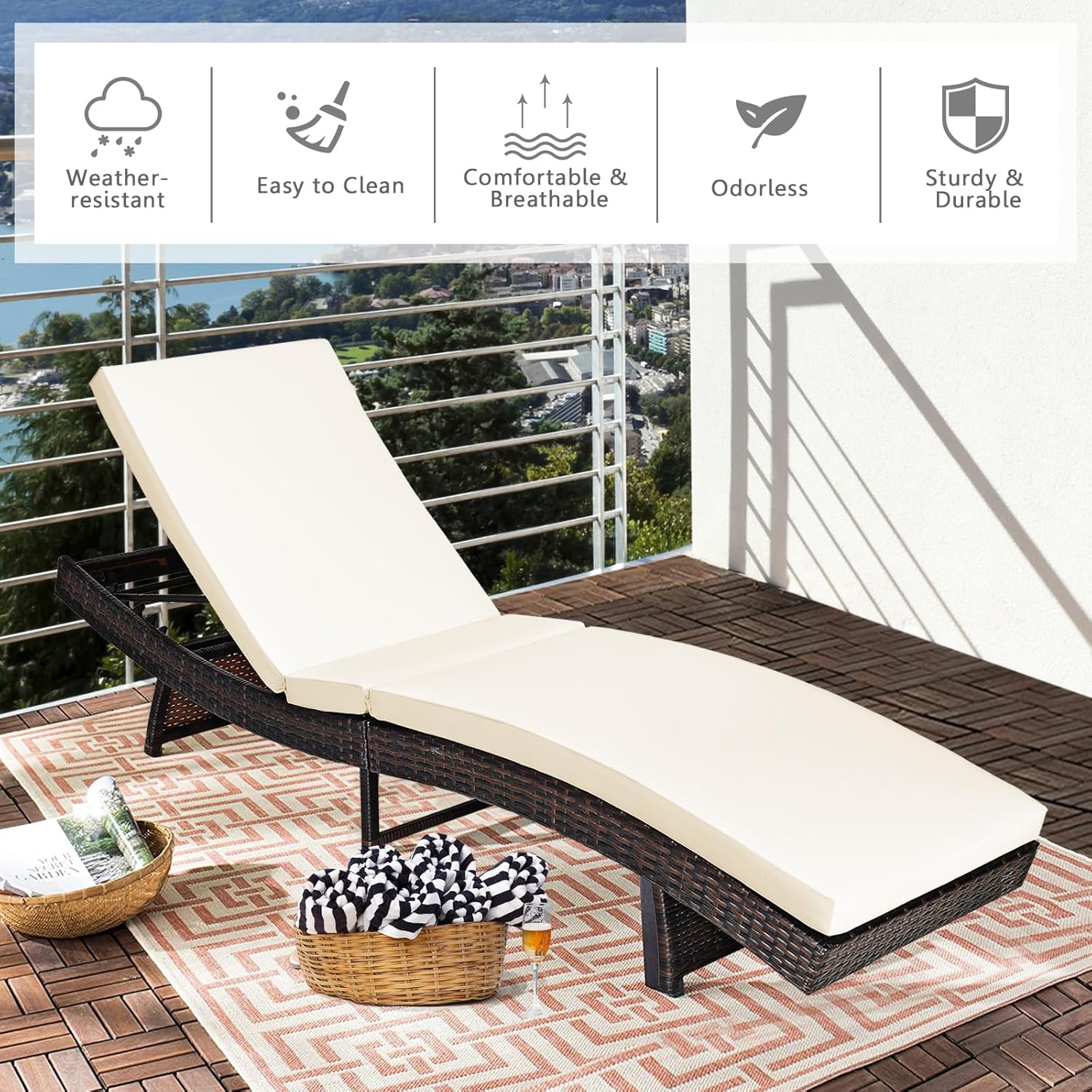 Folding Rattan Sun Lounger 5 Position Cushion White
