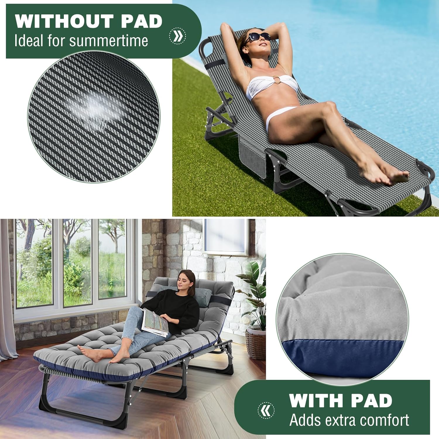 Oversized Folding Sun Lounger Bed Grey Adjustable Recliner