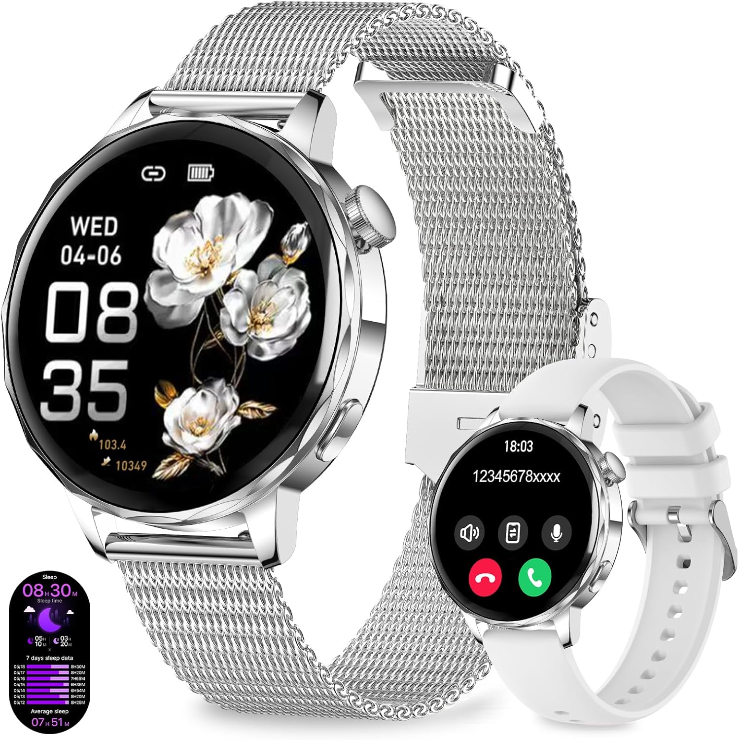 Ladies Smart Watch Call 110 Sports 2 Bands Silver