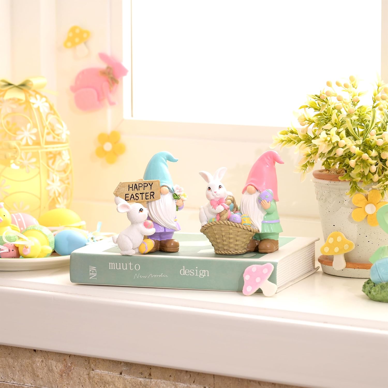 2Pcs Easter Gnome Figurines Resin Bunny Egg Spring Decor