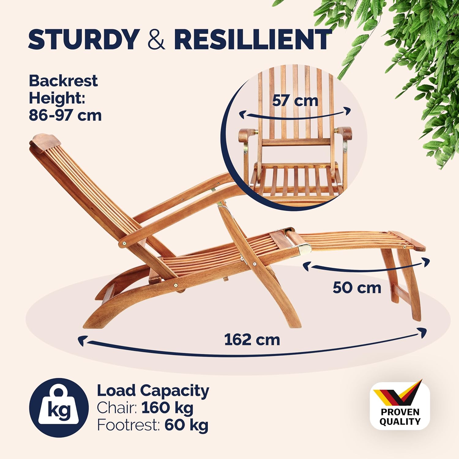 Wooden Sun Lounger Acacia Recliner with Footrest Brown