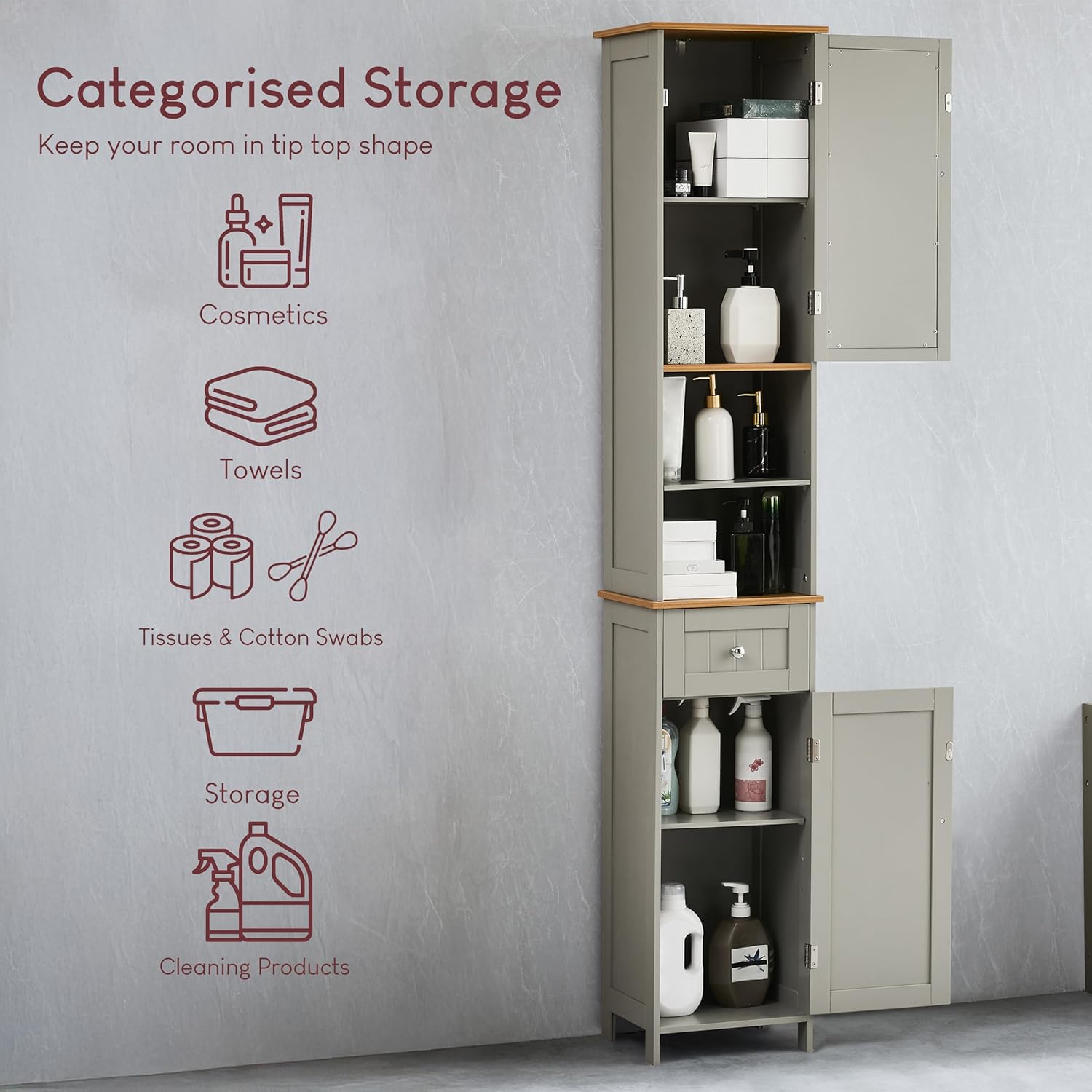 Tall Mirrored Bathroom Cabinet Grey Oak 2 Door Drawer 190cm