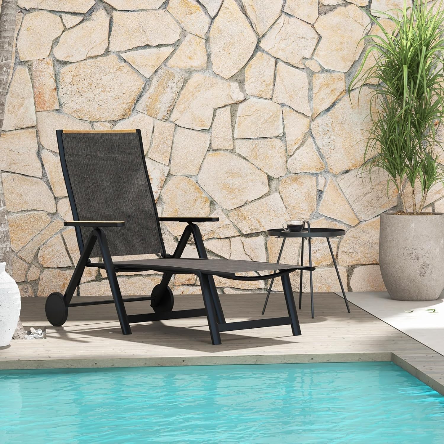Folding Sun Lounger with Wheels 6 Position Aluminum Recliner