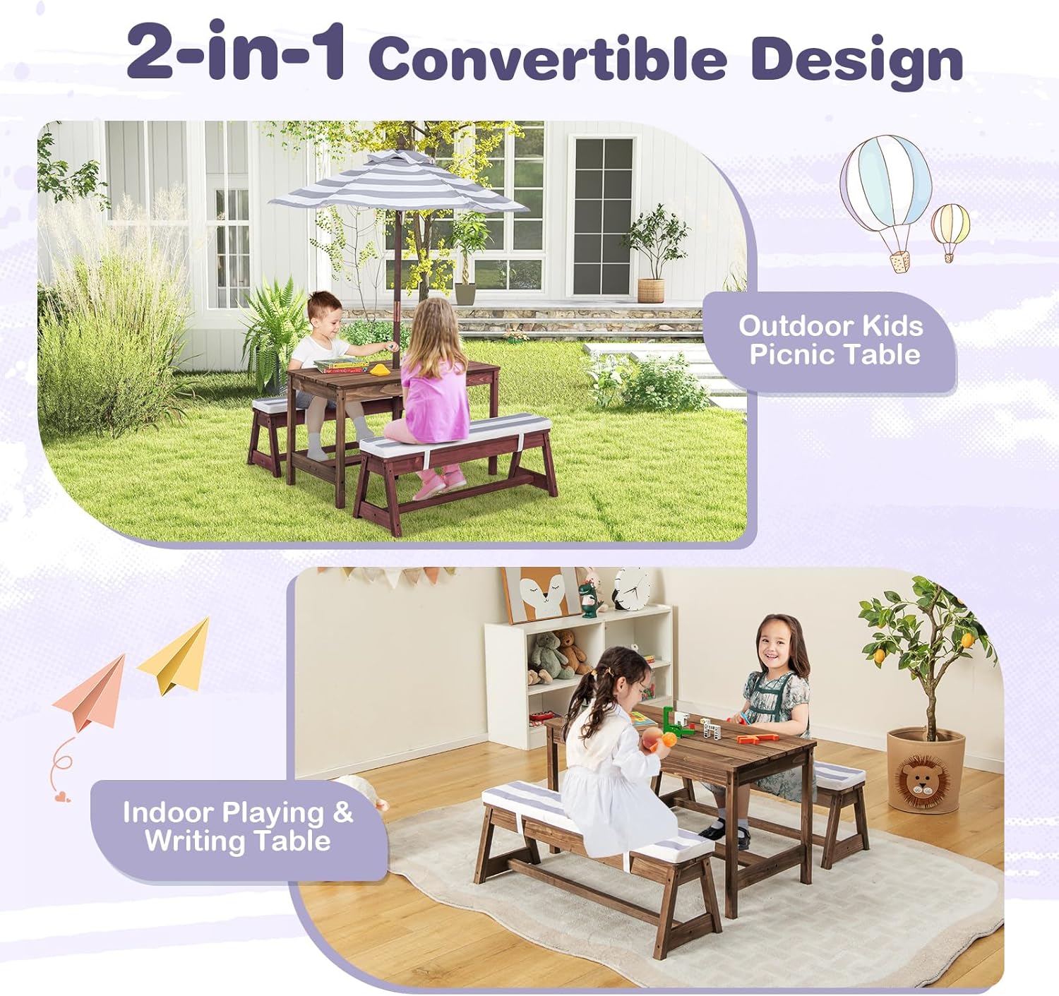 Kids Wooden Picnic Table Bench Set w/Umbrella Cushions