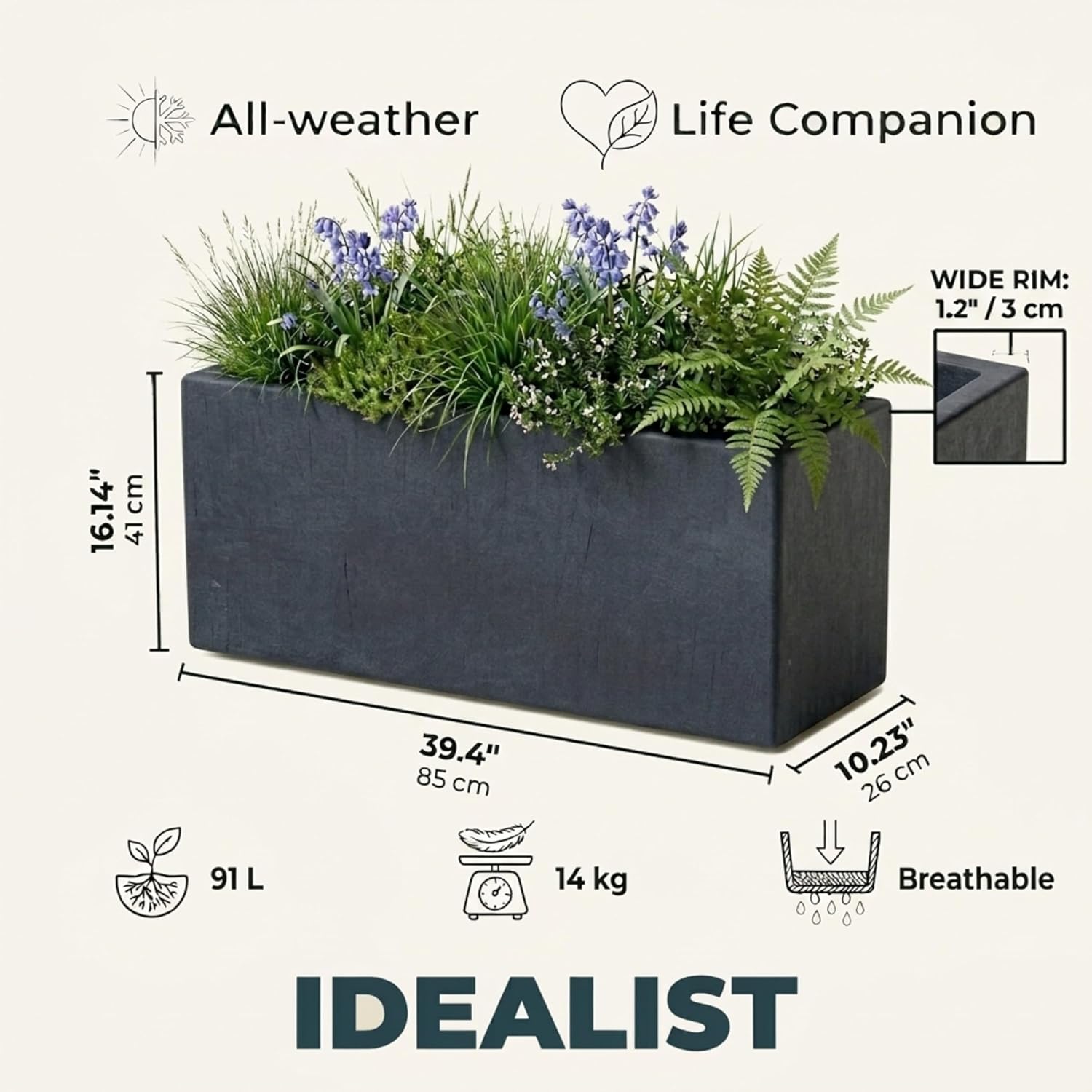 85cm Large Trough Planters Set 2 Dark Grey Stone Effect Pots