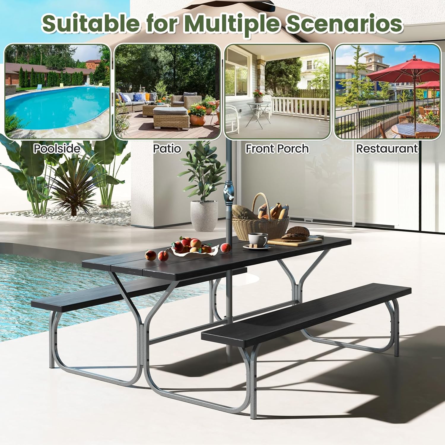 8 Seater Outdoor Picnic Table Bench Set w/Umbrella Hole Patio