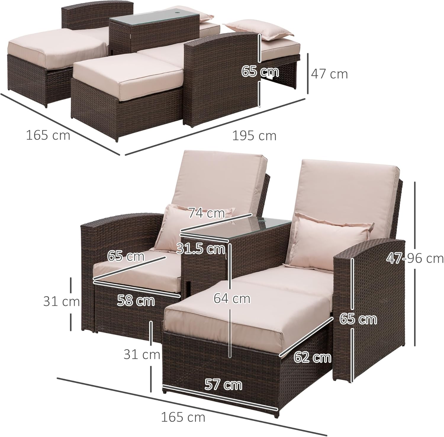 Double Rattan Sun Lounger Daybed 2 Seater with Table Brown