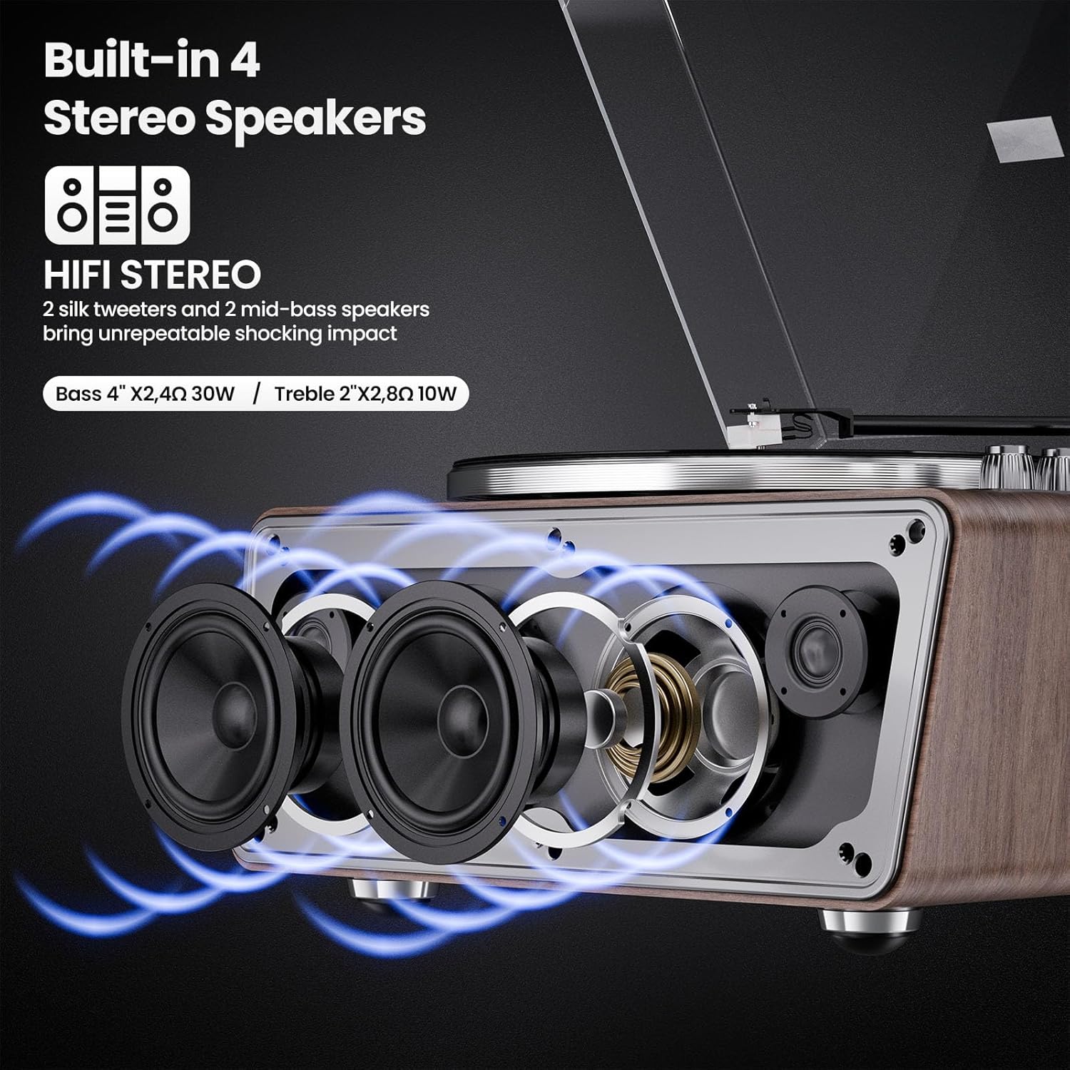Bluetooth Vinyl Record Player with 4 Stereo Speakers