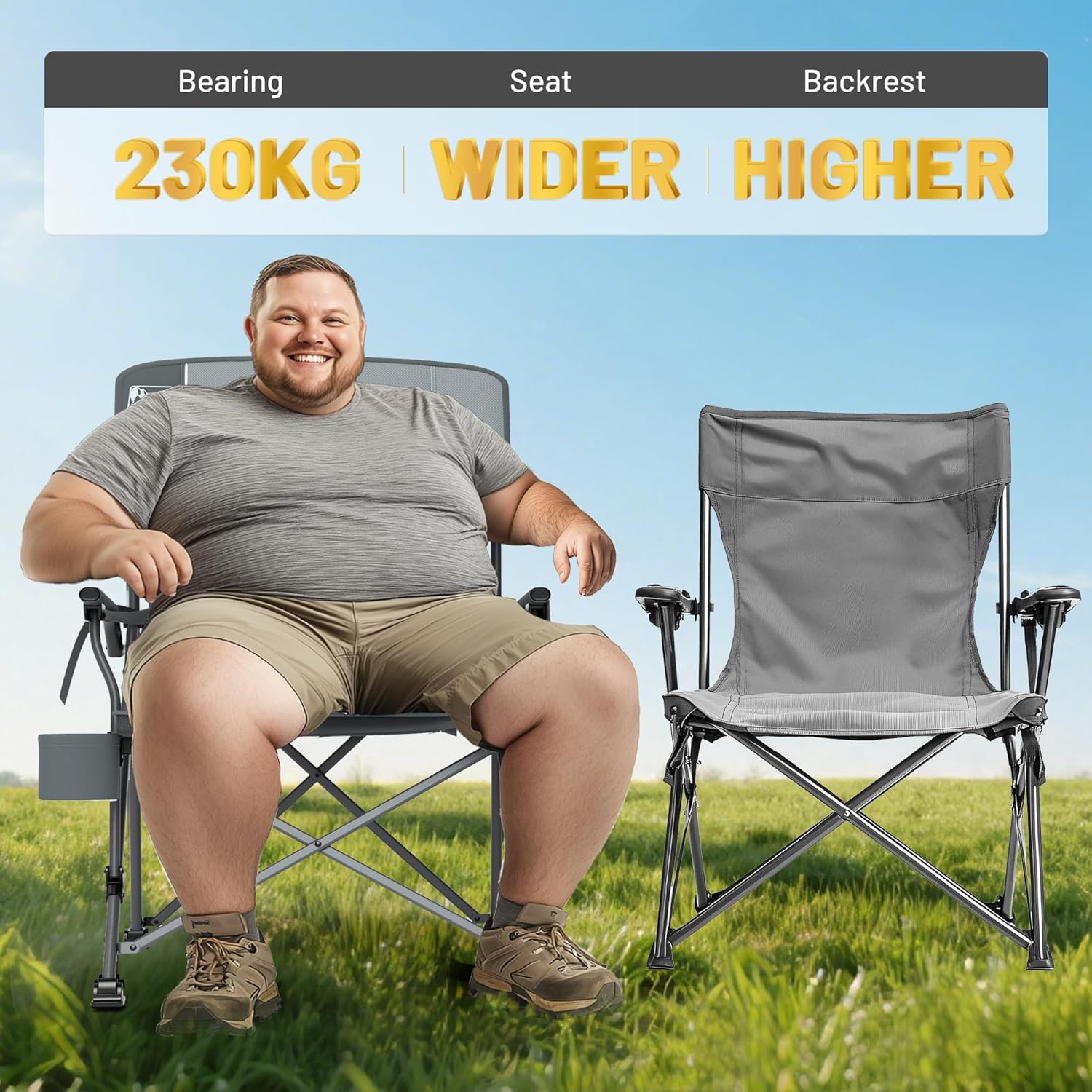 Heavy Duty Camping Chair with Lumbar Support Cooler Pocket Grey