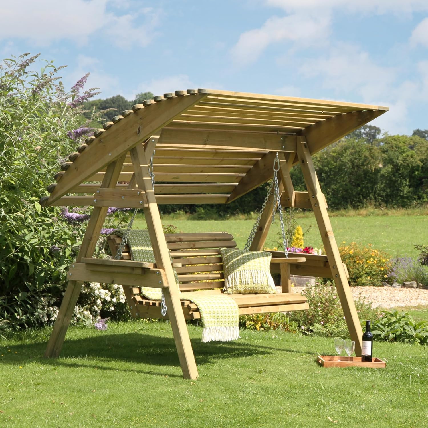Wooden 2 Seater Garden Swing Seat with Canopy Shelves