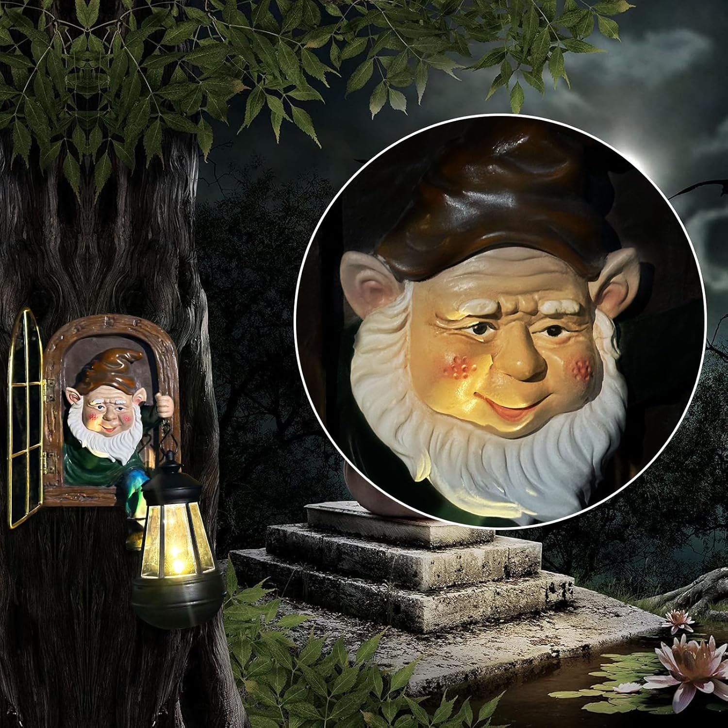 Solar Garden Gnome Tree Face Lantern Outdoor Wall Decor Yard Art