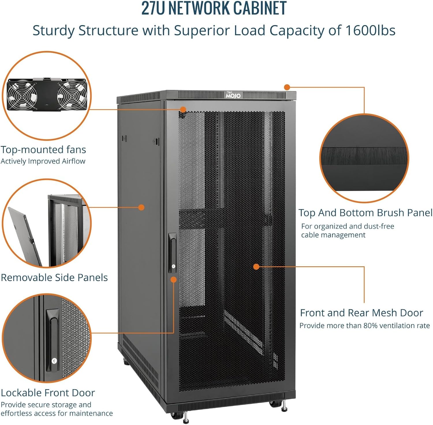 27U Free Standing Server Rack Mesh Door Assembled 600mm