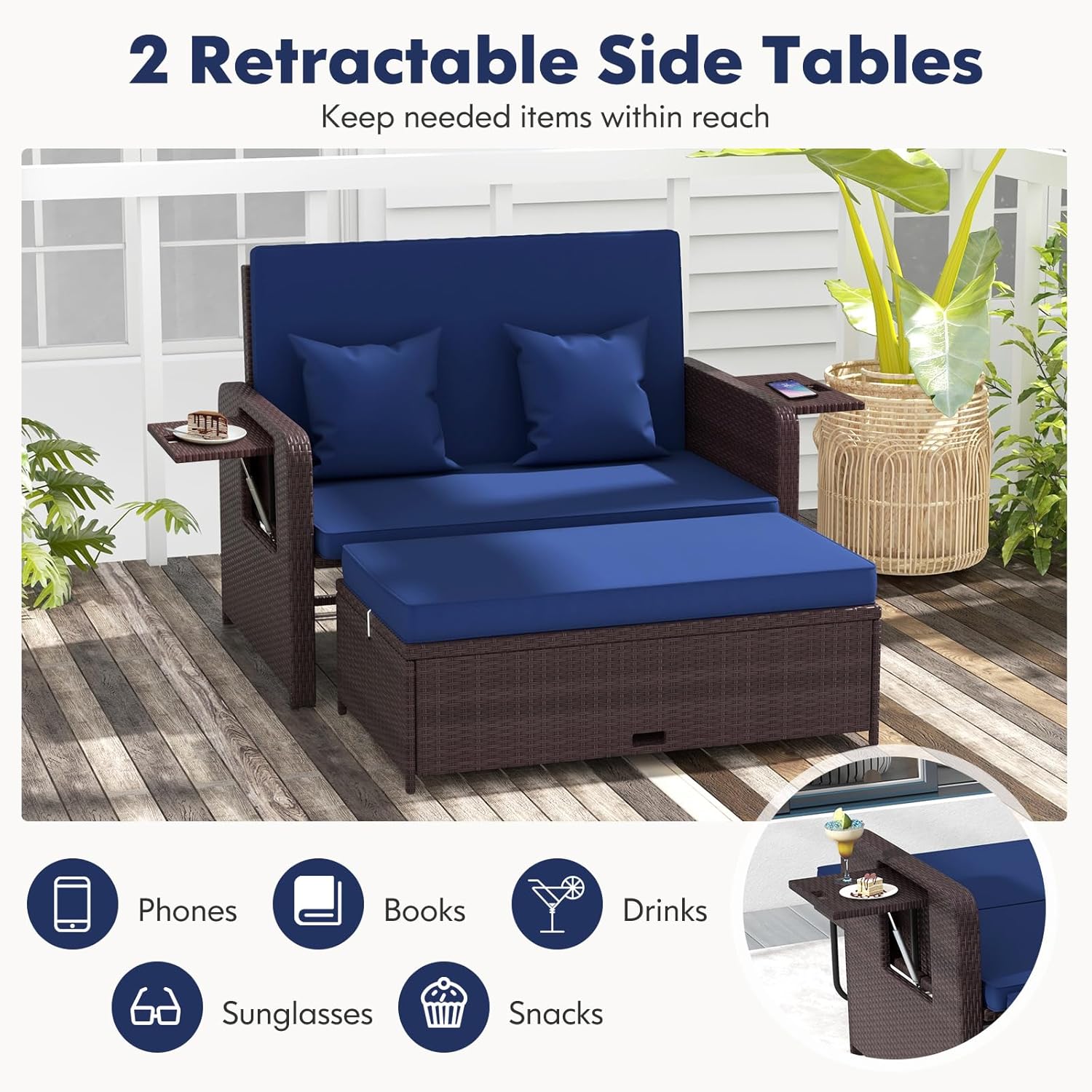 2 in 1 Rattan Daybed Sun Lounger Navy Blue