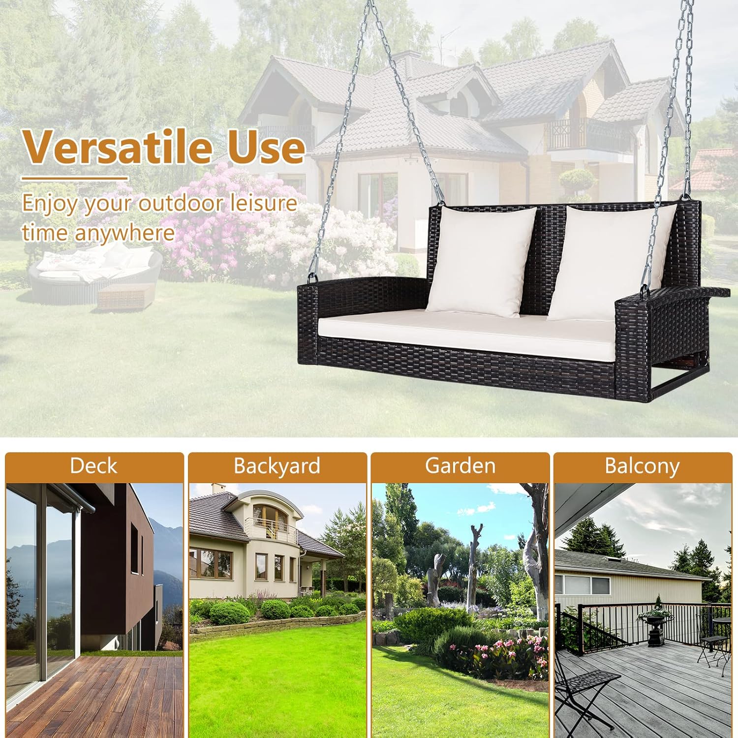 2 Person Rattan Swing Bench with Stand White Cushions