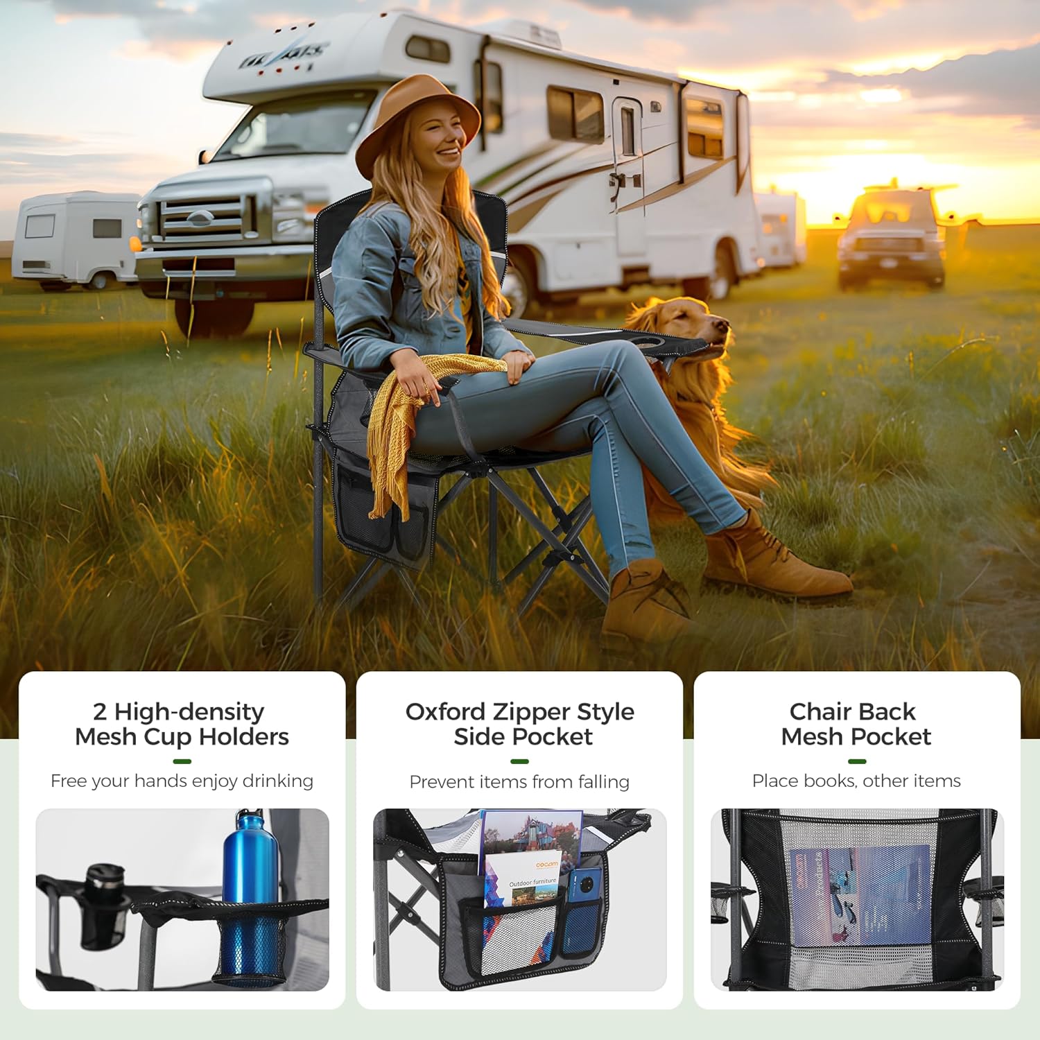 Oversized Camping Chair Mesh Back Folding Seat Black