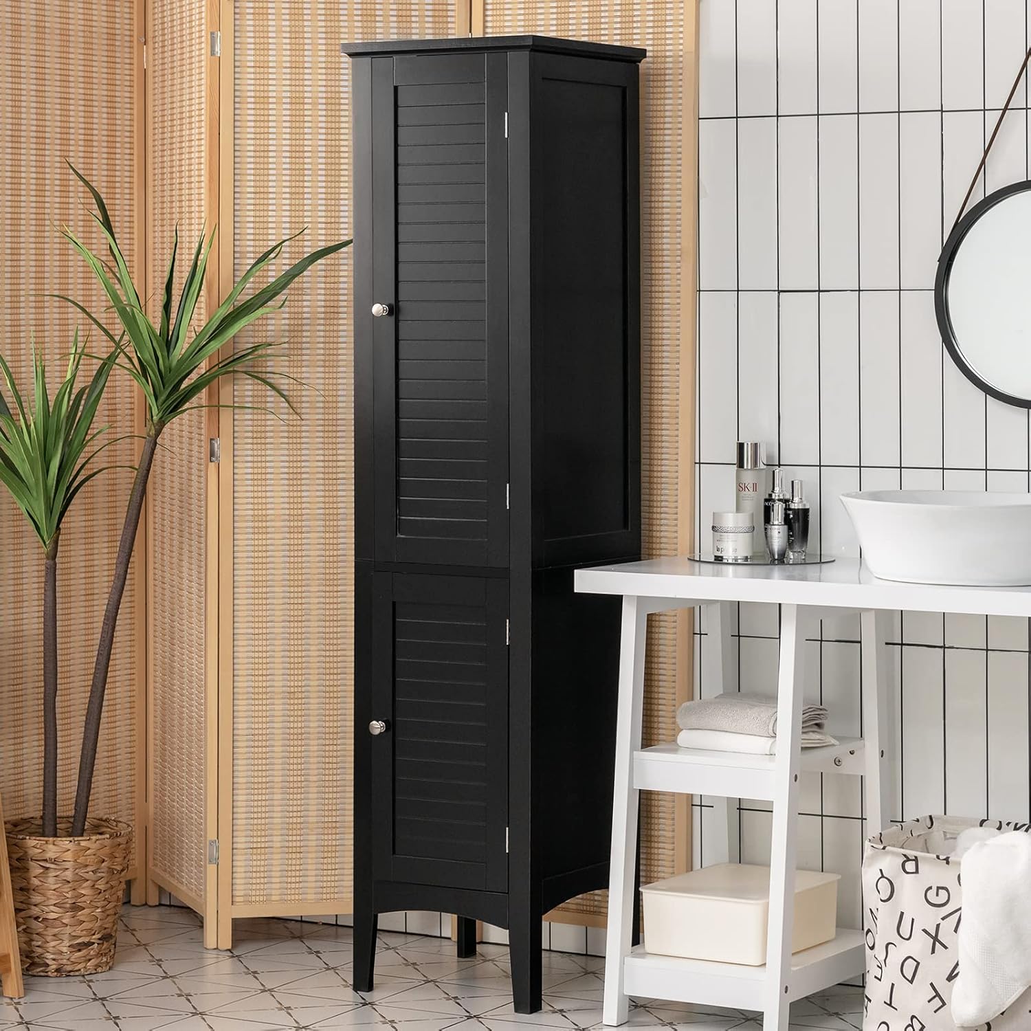 Slim Bathroom Tall Cabinet 2 Door 5 Tier Shelf Unit Black