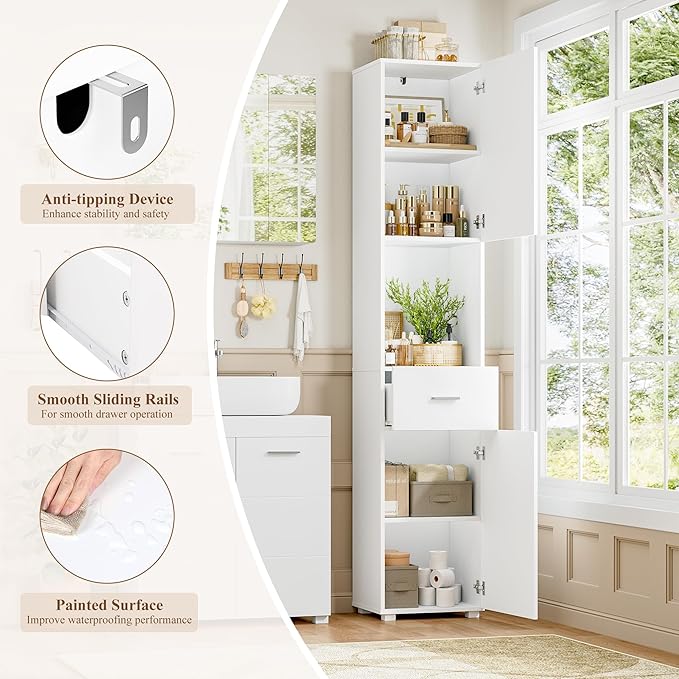 Tall Bathroom Storage Cabinet 2 Doors Drawer White 180cm