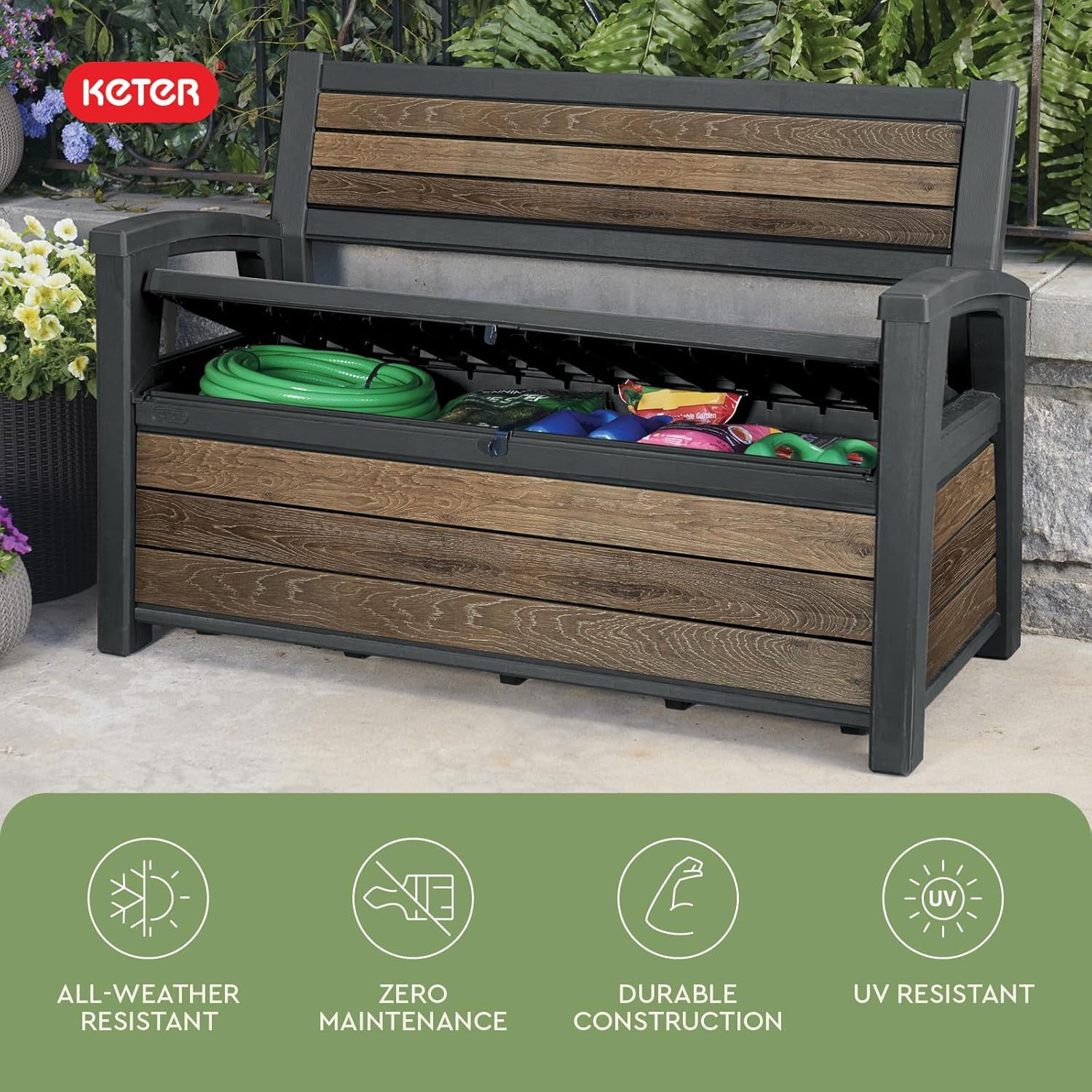 270L Outdoor Garden Storage Bench Wood Look Resin Seat