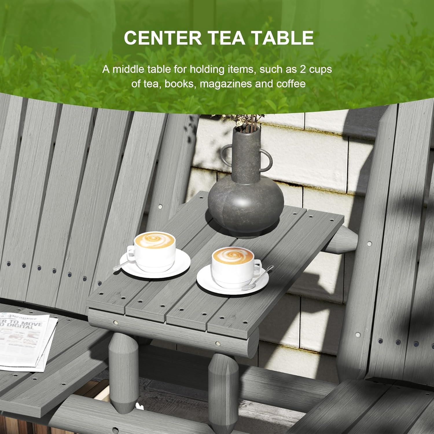 2 Seater Wooden Garden Bench with Centre Table Grey